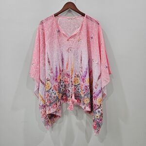 Azara Paris Floral Poncho Top One Size Pink Lightweight Flowy Boho Festival